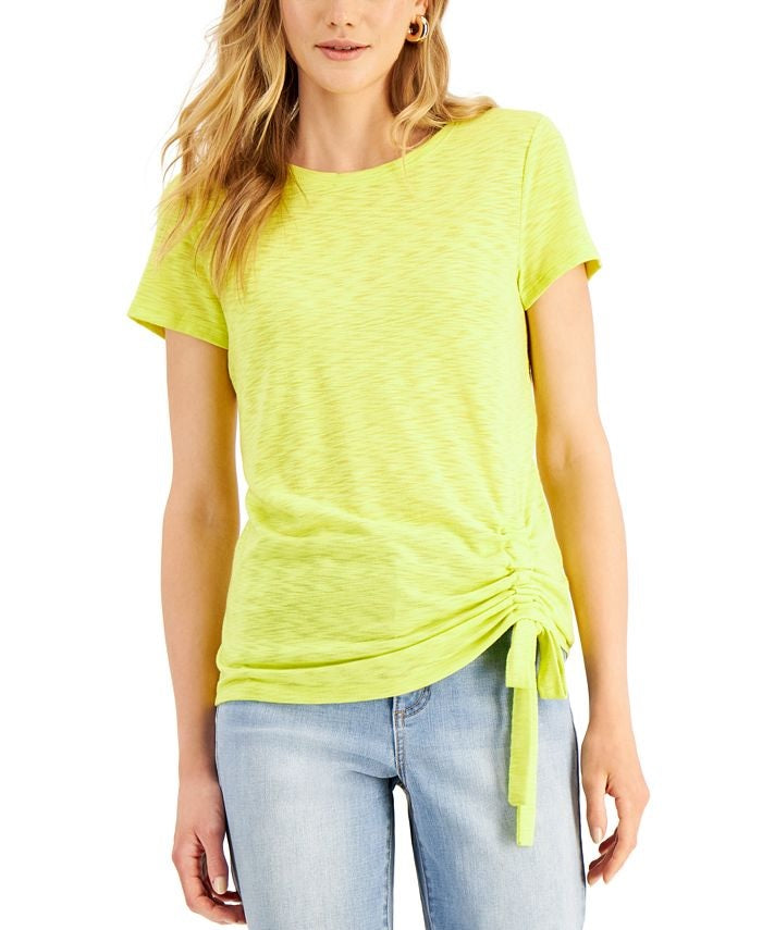 Camiseta feminina com franzido lateral da INC International Concepts, amarela, tamanho PL