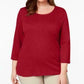 Karen Scott Blusa feminina de algodão com decote redondo e manga 3/4, vermelha, tamanho pequeno G