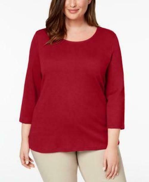 Karen Scott Blusa feminina de algodão com decote redondo e manga 3/4, vermelha, tamanho pequeno G