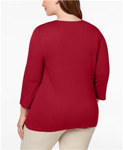Karen Scott Blusa feminina de algodão com decote redondo e manga 3/4, vermelha, tamanho pequeno G