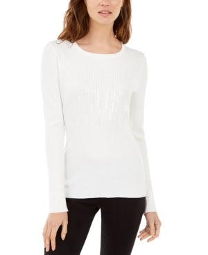 INC International Concepts Suéter Feminino Gola Redonda Lantejoulas Pulôver Branco - Tamanho X-Grande