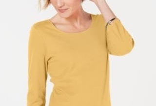 Blusa feminina Karen Scott de algodão com manga 3/4, amarela, tamanho X-S