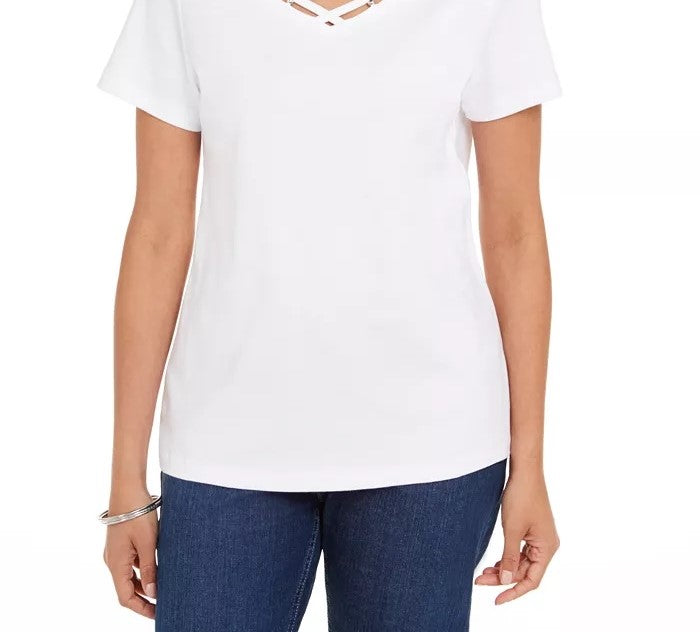 Camiseta feminina Karen Scott de algodão com decote em V e acabamento aberto, rosa, tamanho grande