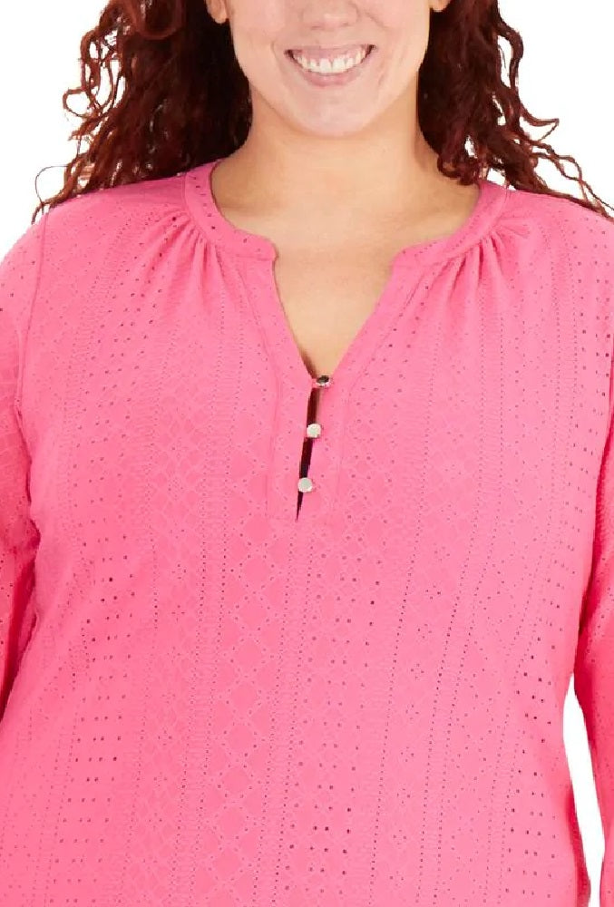 Blusa feminina plus size com manga balão bordada, rosa, tamanho 2X, da NY Collection