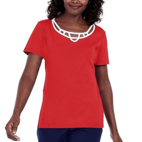 Karen Scott Top Feminino de Algodão com Acabamento em Treliça Vermelho Tamanho P