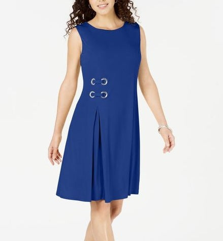 Vestido feminino com ilhós e cintura alta, tamanho P/M, azul, da coleção JM