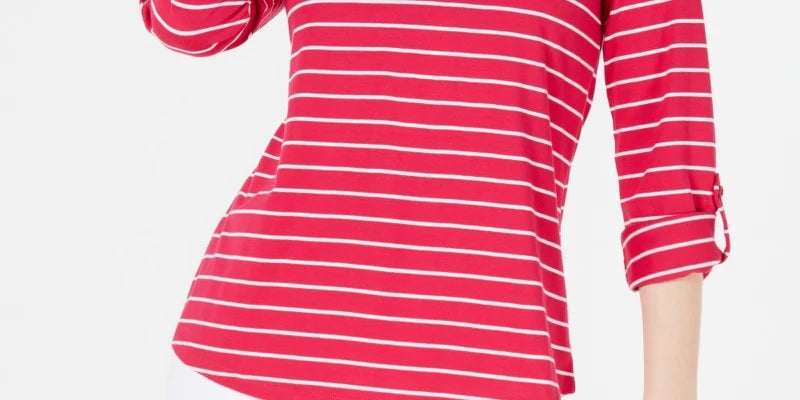 Top feminino listrado com decote aberto Charter Club, rosa, tamanho pequeno GG