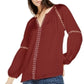Blusa feminina INC International Concepts com acabamento em ilhós, estilo camponês, vermelho escuro, tamanho pequeno