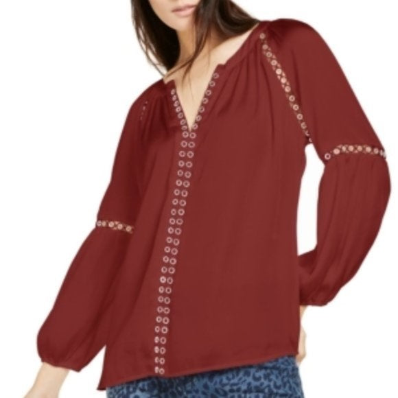 Blusa feminina INC International Concepts com acabamento em ilhós, estilo camponês, vermelho escuro, tamanho pequeno