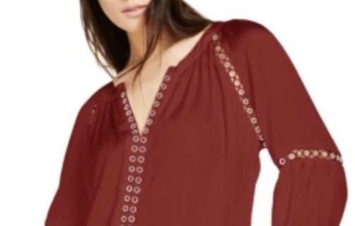Blusa feminina INC International Concepts com acabamento em ilhós, estilo camponês, vermelho escuro, tamanho pequeno