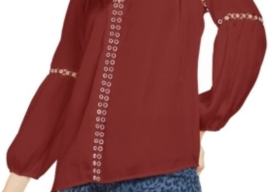 Blusa feminina INC International Concepts com acabamento em ilhós, estilo camponês, vermelho escuro, tamanho pequeno