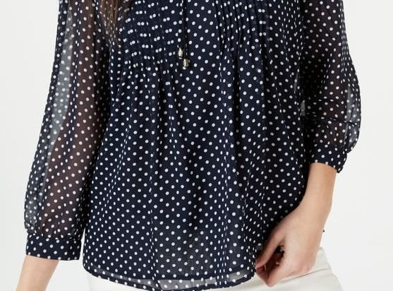 Tommy Hilfiger Blusa Feminina Manga Longa Bayview Dot Pintuck Azul/Branco Tamanho Grande
