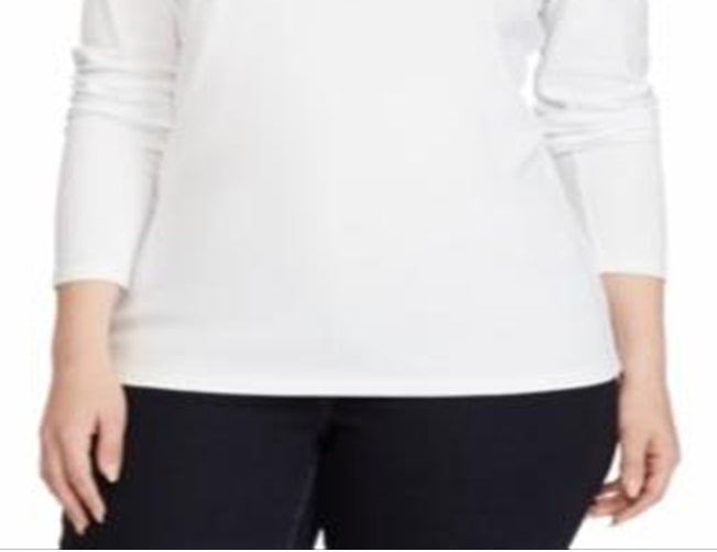 Blusa feminina Lauren Ralph Lauren de manga comprida e gola redonda, plus size, branca, tamanho 1X