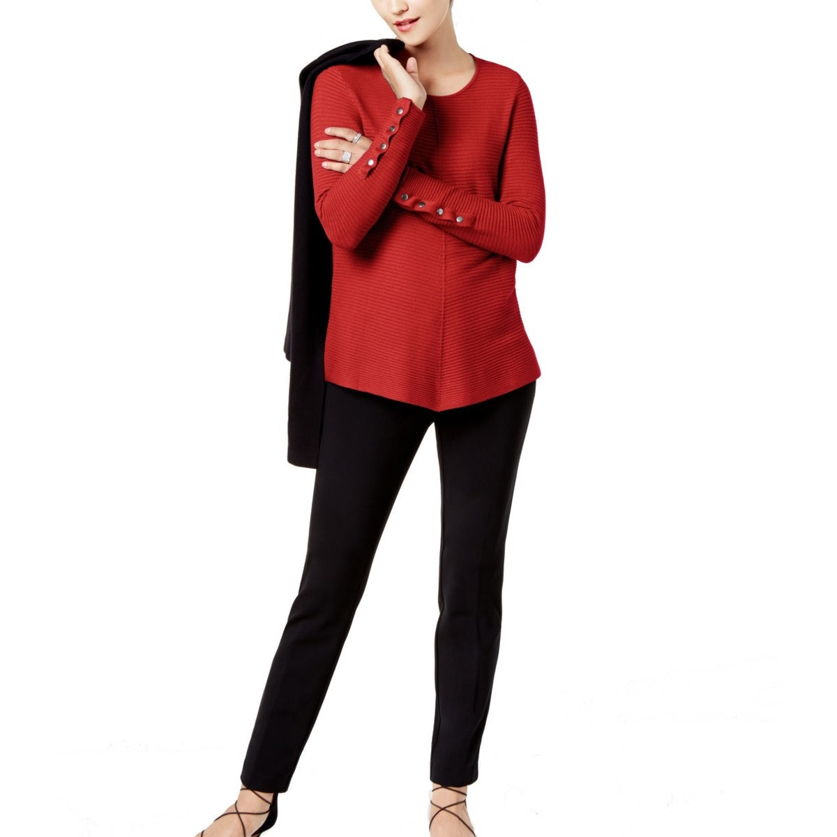 Suéter Alfani Feminino com Detalhe de Botão de Pressão e Canelado Vermelho Tamanho XX-G