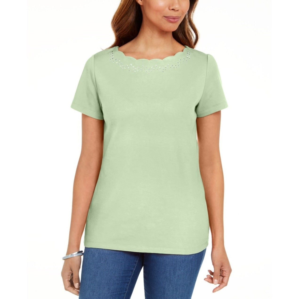 Camiseta feminina Karen Scott de algodão com gola recortada, verde, tamanho médio