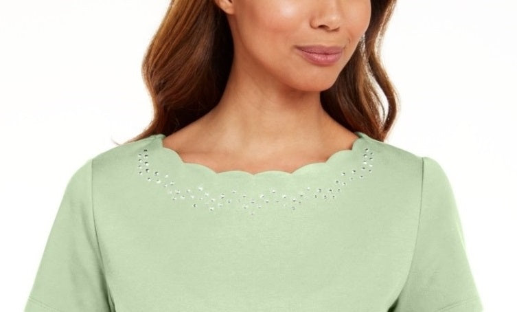 Camiseta feminina Karen Scott de algodão com gola recortada, verde, tamanho médio