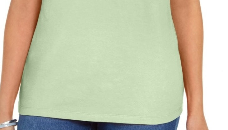 Camiseta feminina Karen Scott de algodão com gola recortada, verde, tamanho médio