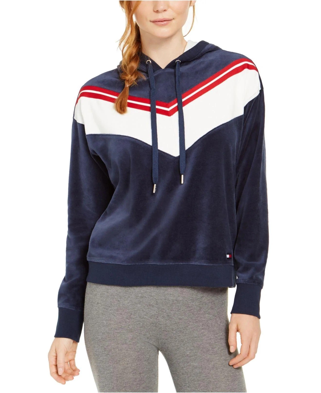 Tommy Hilfiger Sport Velour Chevron Pullover Hoodie Feminino Azul Marinho Tamanho Médio