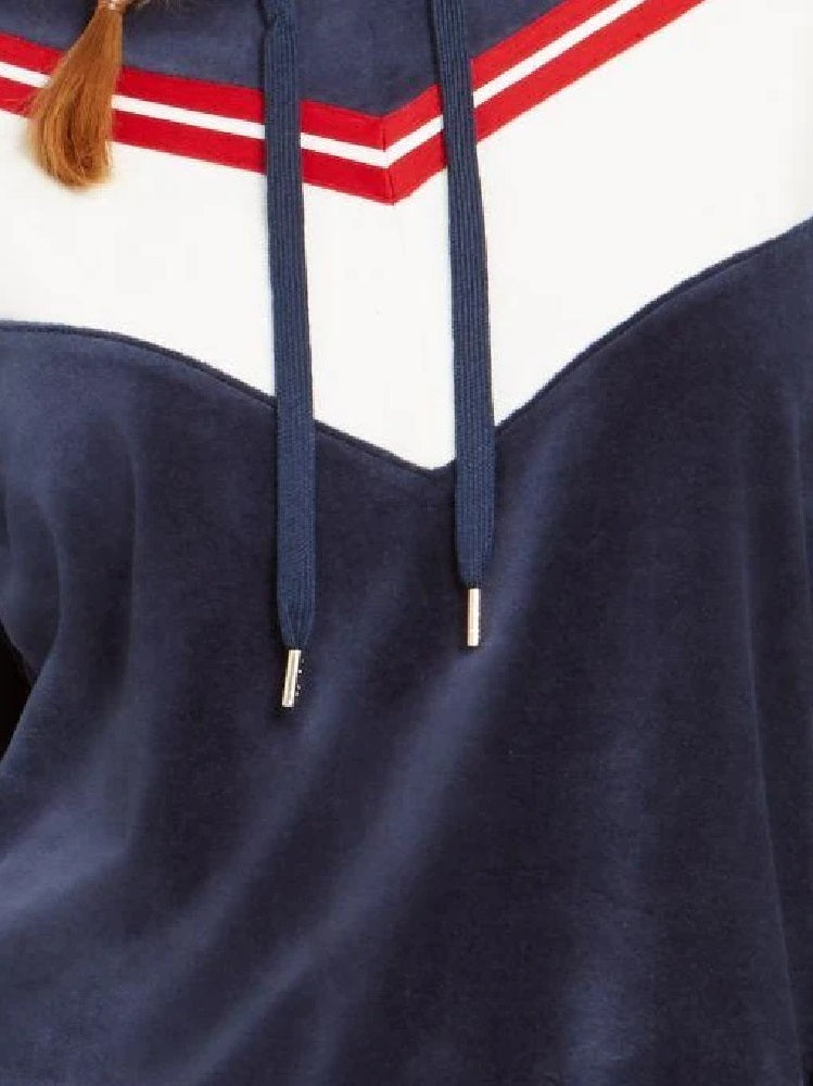 Tommy Hilfiger Sport Velour Chevron Pullover Hoodie Feminino Azul Marinho Tamanho Médio