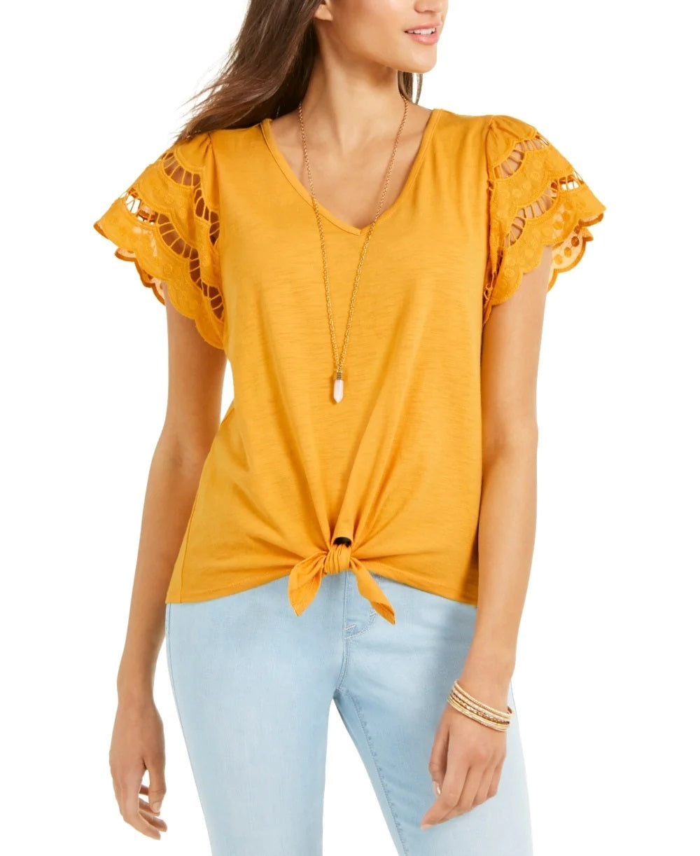 Top feminino com amarração frontal e mangas ilhós estilo &amp; co, amarelo, tamanho médio