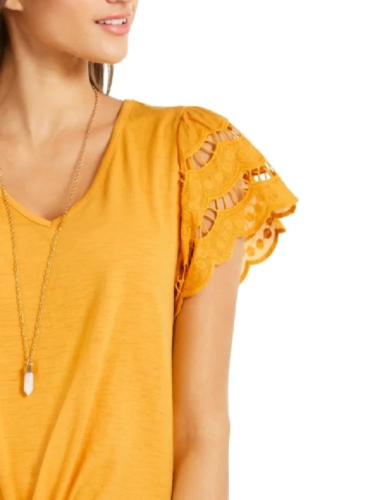 Top feminino com amarração frontal e mangas ilhós estilo &amp; co, amarelo, tamanho médio