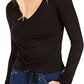 Blusa feminina Bar III com decote em V e franzido frontal, preta, tamanho P