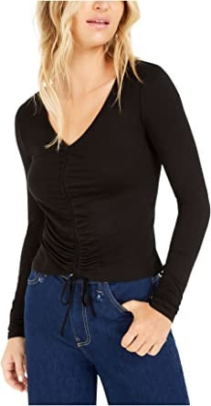 Blusa feminina Bar III com decote em V e franzido frontal, preta, tamanho P