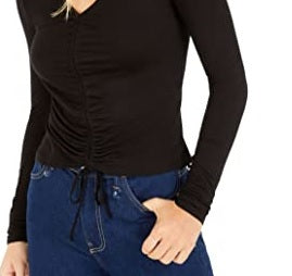 Blusa feminina Bar III com decote em V e franzido frontal, preta, tamanho P