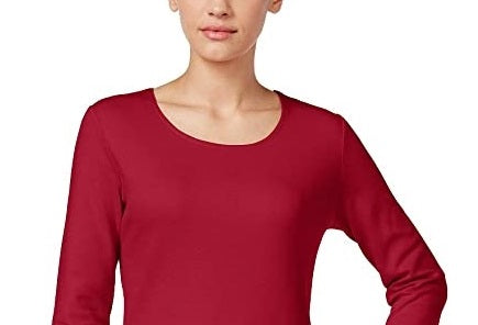 Karen Scott Blusa feminina de algodão com decote redondo e manga 3/4, vermelha, tamanho pequeno