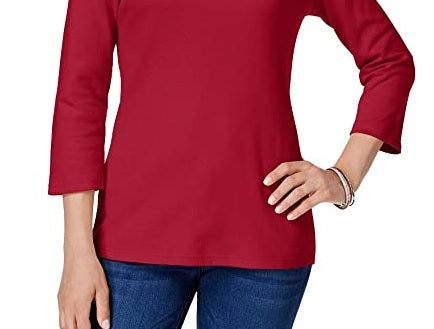Karen Scott Blusa feminina de algodão com decote redondo e manga 3/4, vermelha, tamanho pequeno