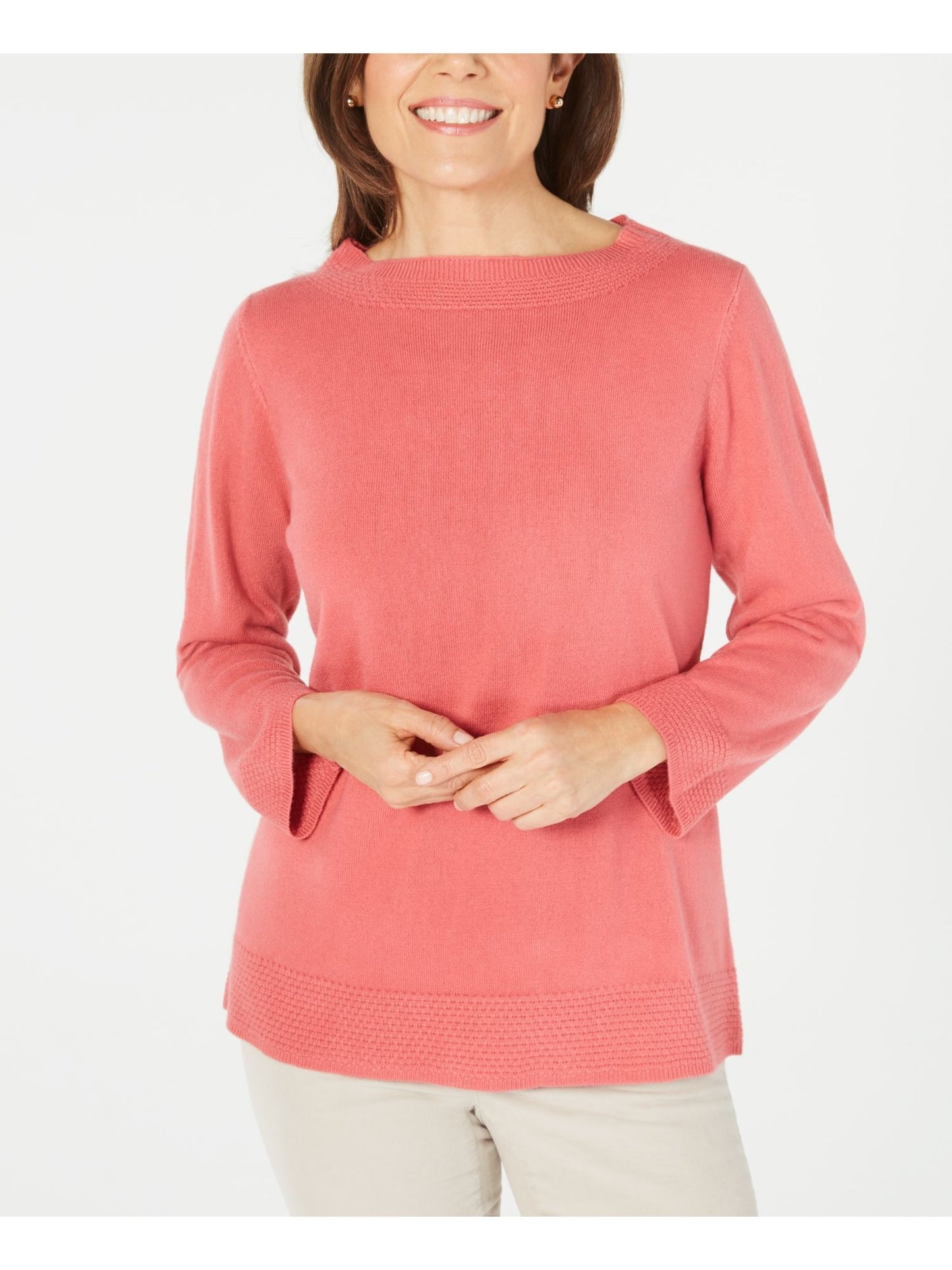 Blusa feminina Karen Scott com estampa canelada, manga comprida, gola redonda, rosa, tamanho pequeno G