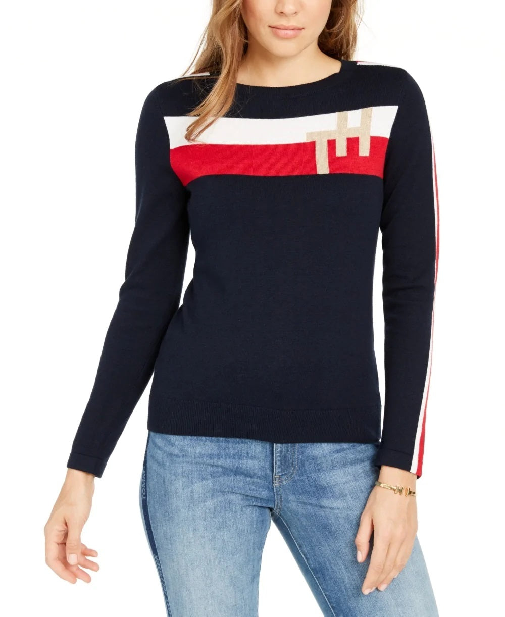 Tommy Hilfiger Suéter Listrado Colorblocked Feminino Azul Marinho Tamanho XS