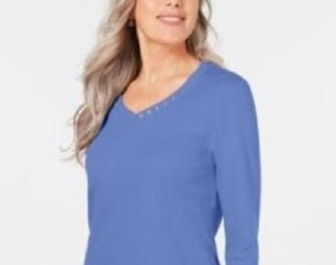 Blusa feminina Karen Scott de algodão com acabamento em botões, azul, tamanho médio