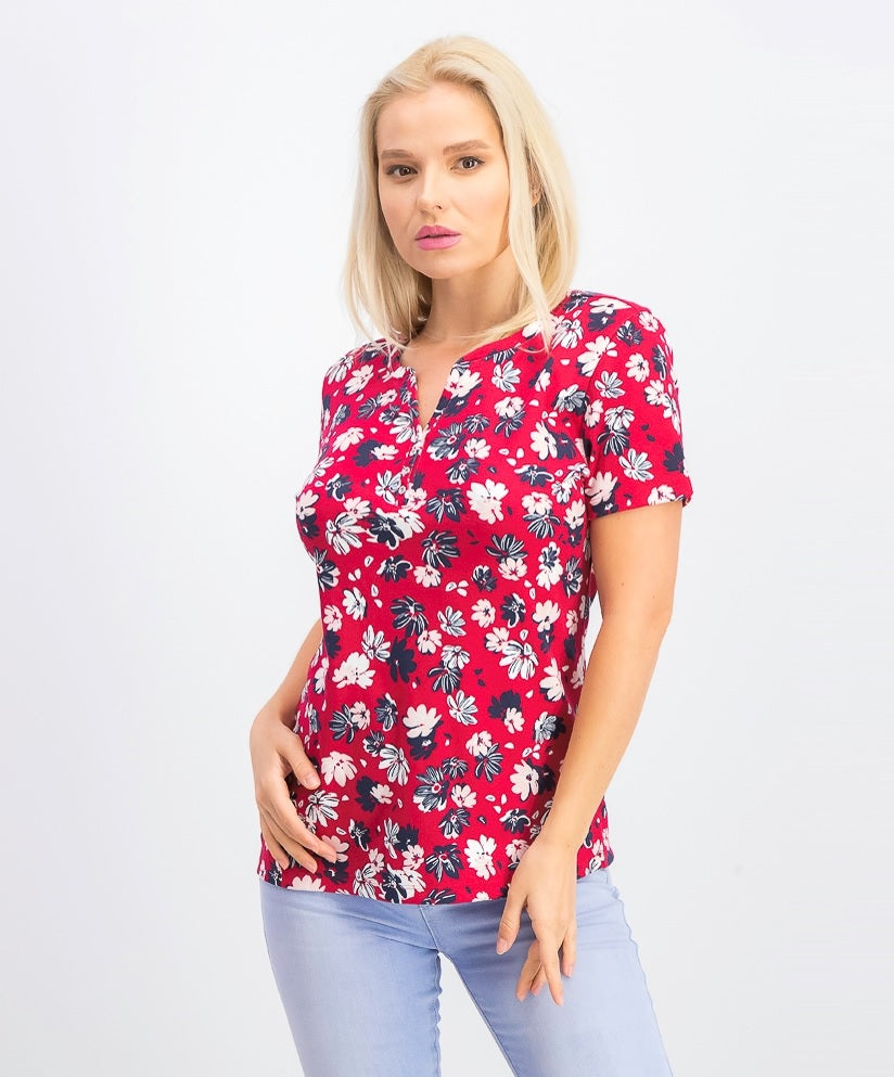 Karen Scott Blusa Henley Feminina Estampada Liberty Daisy Vermelha/Azul Tamanho Pequeno