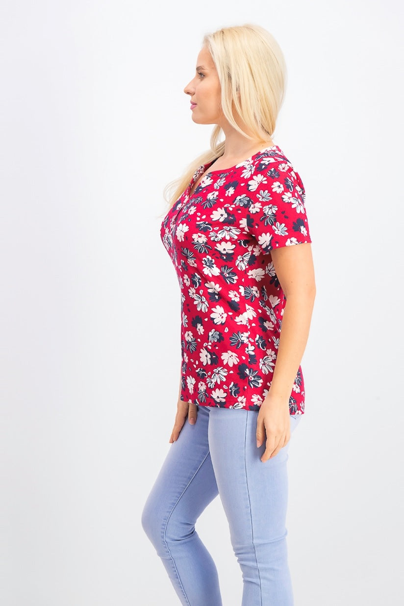 Karen Scott Blusa Henley Feminina Estampada Liberty Daisy Vermelha/Azul Tamanho Pequeno