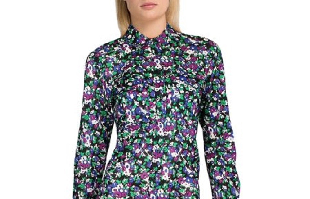 Blusa feminina Ralph Lauren com botões e manga comprida floral, preta, tamanho pequeno