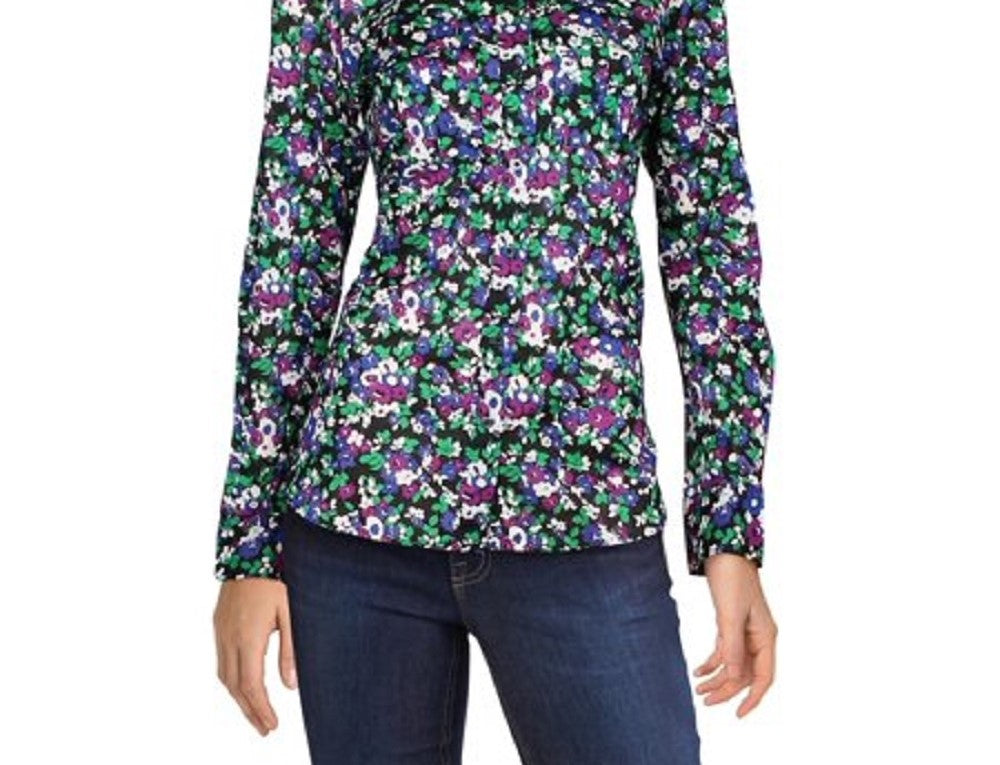 Blusa feminina Ralph Lauren com botões e manga comprida floral, preta, tamanho pequeno