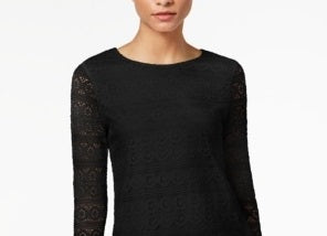 Top feminino Charter Club Petite Lace com manga 3/4, preto, tamanho GG