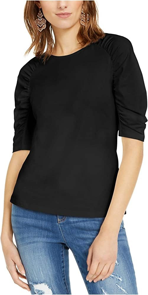 Blusa feminina com manga bufante INC International Concepts, preta, tamanho G