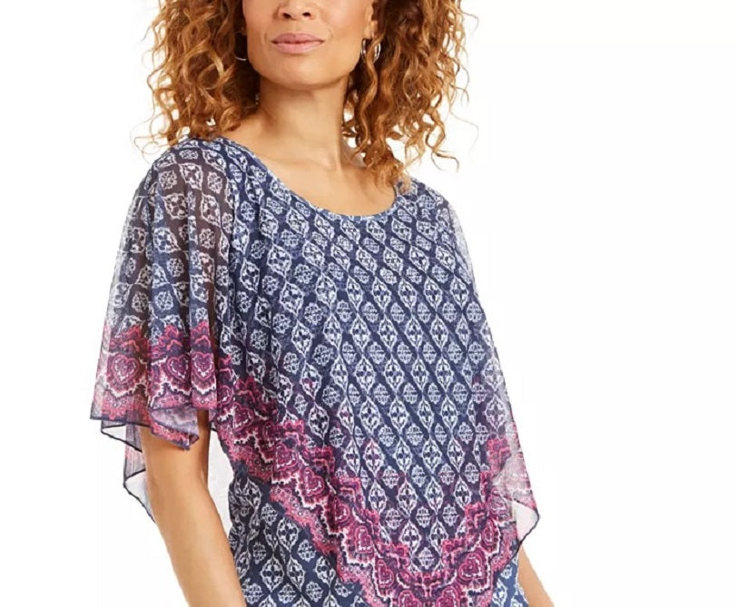 Túnica estampada com ombros descobertos da coleção JM, azul, tamanho 2XL