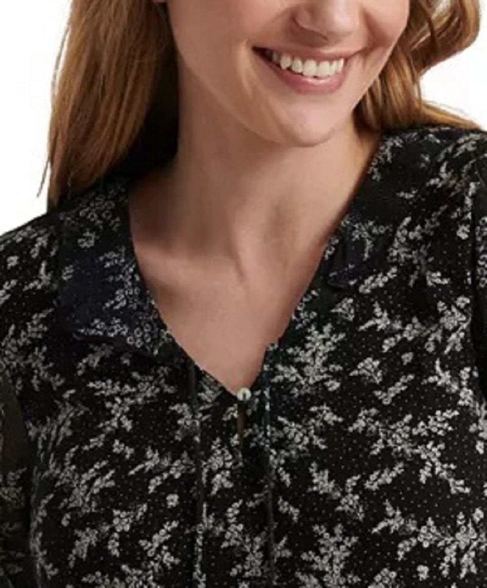 Blusa feminina Lucky Brand com estampa mista e manga transparente, preta, tamanho pequeno