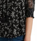 Blusa feminina Lucky Brand com estampa mista e manga transparente, preta, tamanho pequeno