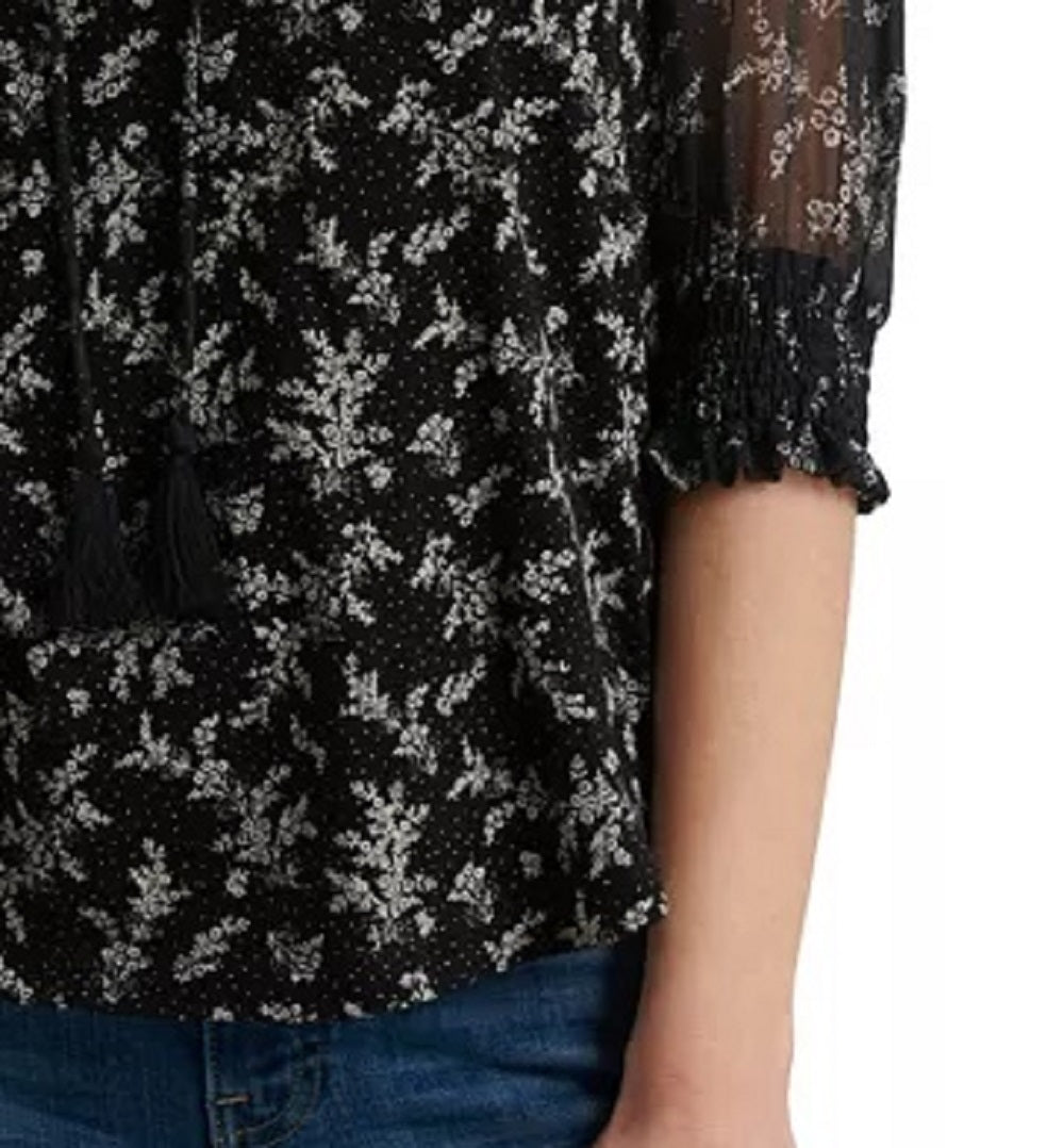 Blusa feminina Lucky Brand com estampa mista e manga transparente, preta, tamanho pequeno