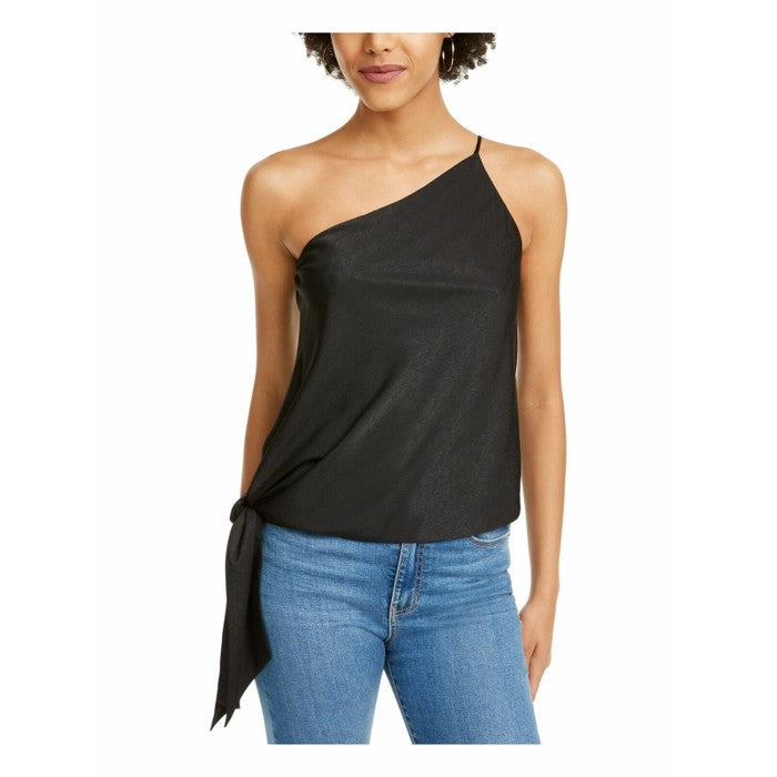 Leyden Women's Top de um ombro só com amarração lateral, preto, tamanho grande