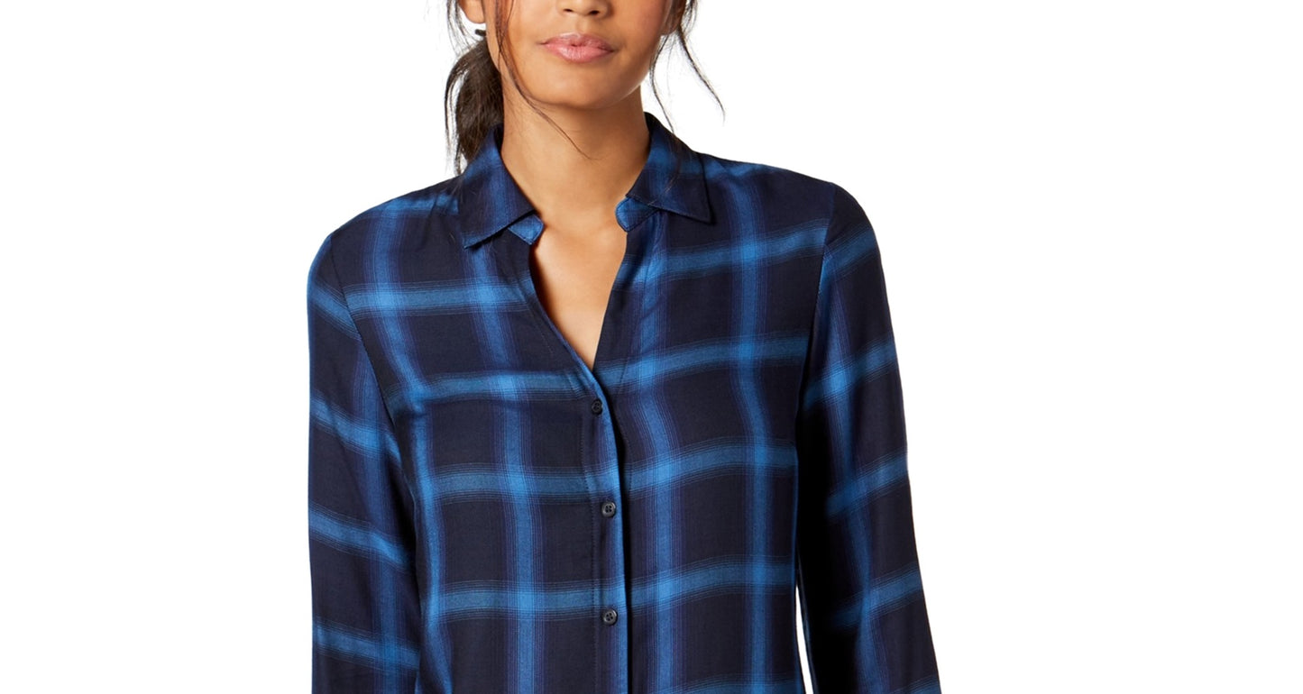 Camisa xadrez feminina INC International Concepts com botões, azul, tamanho M
