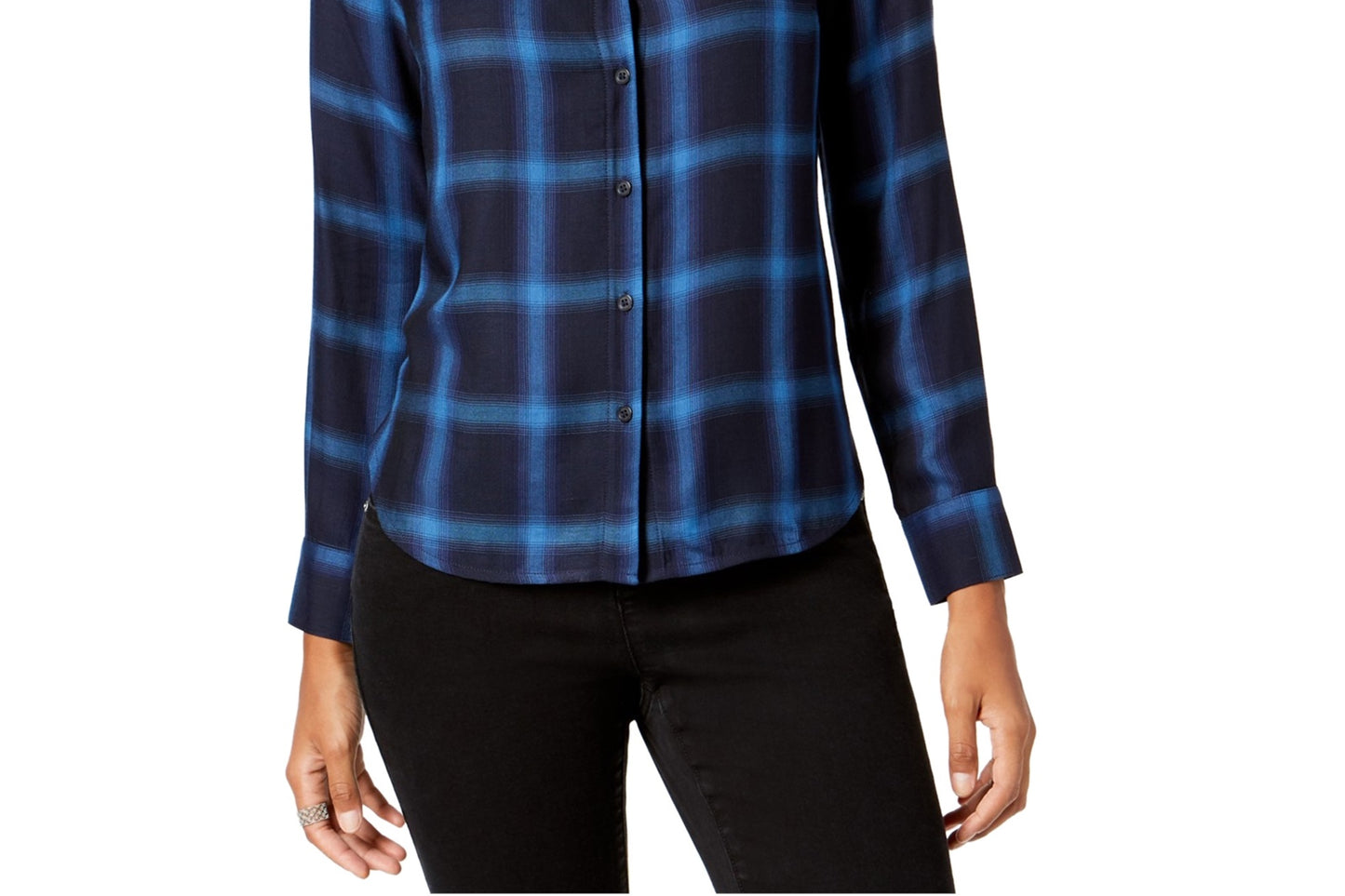 Camisa xadrez feminina INC International Concepts com botões, azul, tamanho M