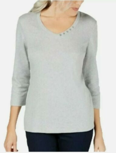 Karen Scott Blusa Feminina Cinza Mesclado Manga 3/4 Gola Joia Cinza Tamanho P