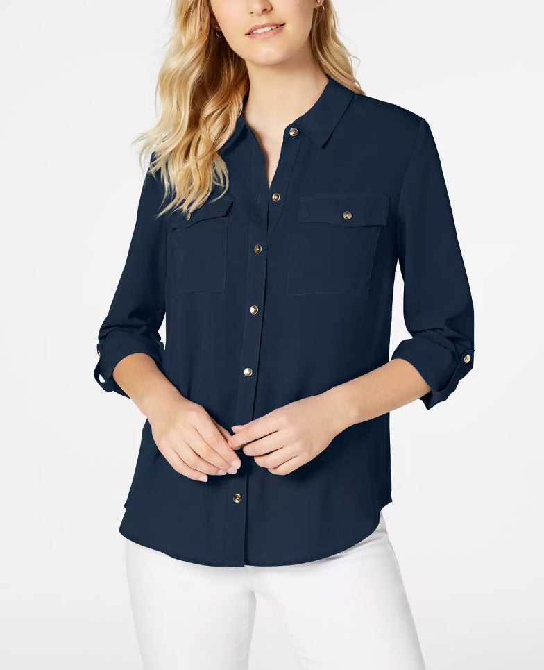 Camisa feminina Charter Club Petite Solid com botões, azul, tamanho pequeno, médio