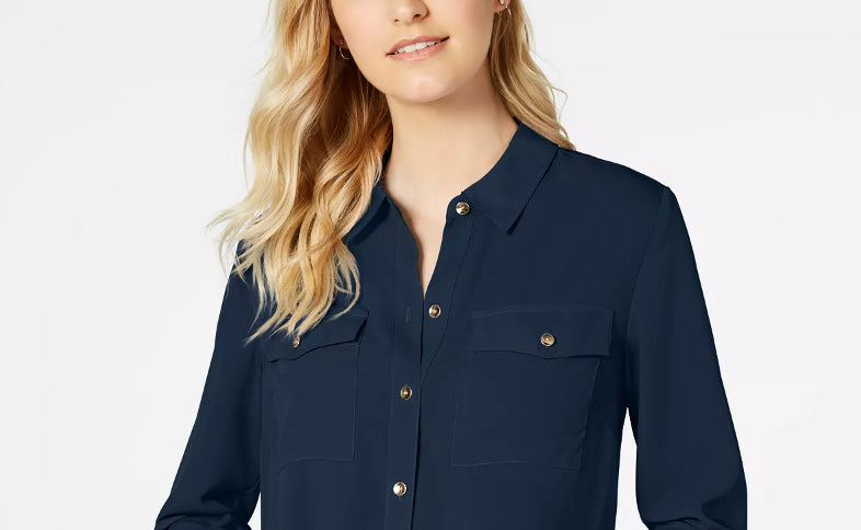 Camisa feminina Charter Club Petite Solid com botões, azul, tamanho pequeno, médio