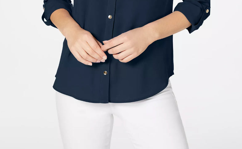 Camisa feminina Charter Club Petite Solid com botões, azul, tamanho pequeno, médio